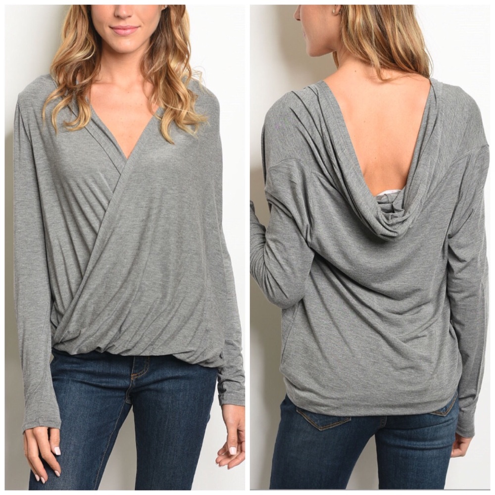 Maroonie Long Sleeve Hooded Gray Surplice Top
